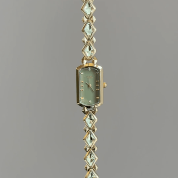 French Elegant Women's Quartz Watch with Green Crystal Bracelet | Rectangular Green Dial Dress Watch