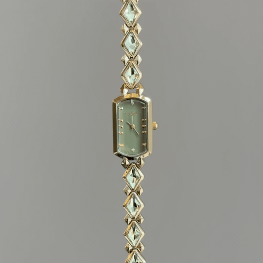 French Elegant Women's Quartz Watch with Green Crystal Bracelet | Rectangular Green Dial Dress Watch