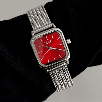 Modern Elegance: Red Rectangular Dial Watch with Silver Bezel & Stainless Steel Bracelet