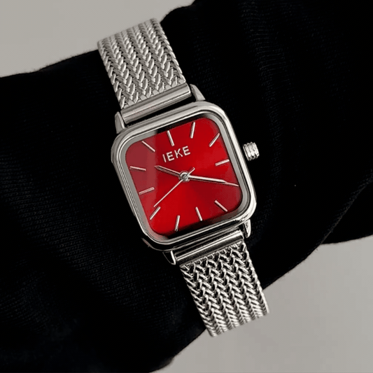 Modern Elegance: Red Rectangular Dial Watch with Silver Bezel & Stainless Steel Bracelet