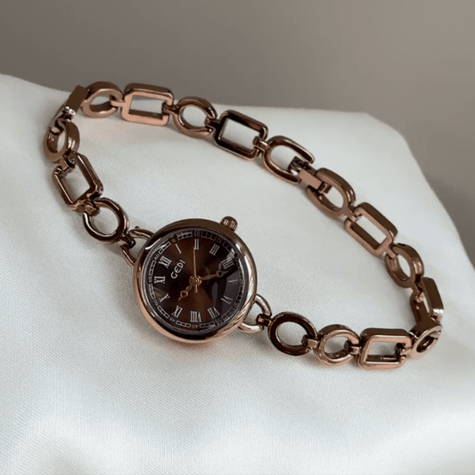 Vintage Petite Chain Watch with Coffee Brown Roman Numeral Dial