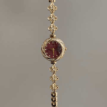 Vintage Petite Gold Watch with Burgundy Dial & Paved Clover Bracelet