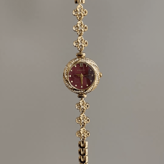 Vintage Petite Gold Watch with Burgundy Dial & Paved Clover Bracelet