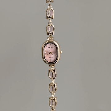 Vintage Petite Gold Oval Watch with Pastel Pink Dial & Tulip Chain Bracelet