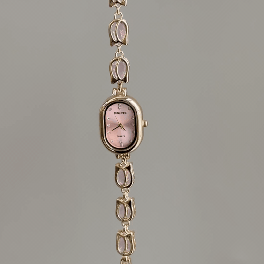 Vintage Petite Gold Oval Watch with Pastel Pink Dial & Tulip Chain Bracelet
