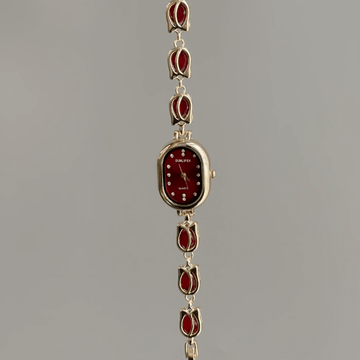 Vintage Petite Gold Oval Watch with Burgundy Dial & Red Tulip Bracelet
