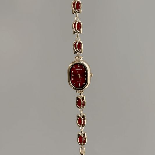 Vintage Petite Gold Oval Watch with Burgundy Dial & Red Tulip Bracelet