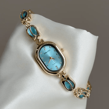 Vintage Petite Gold Oval Watch with Aqua Blue Dial & Tulip Chain Bracelet