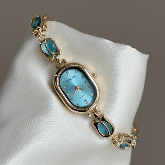 Vintage Petite Gold Oval Watch with Aqua Blue Dial & Tulip Chain Bracelet