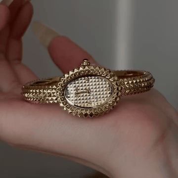 Gold Geometric Women's Watch – Oval Textured Dial & Statement Bracelet