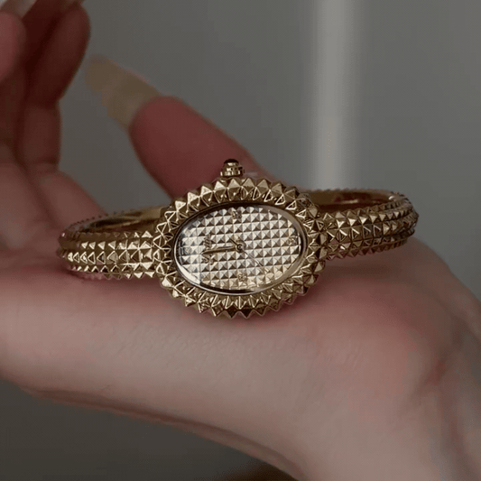 Gold Geometric Women's Watch – Oval Textured Dial & Statement Bracelet