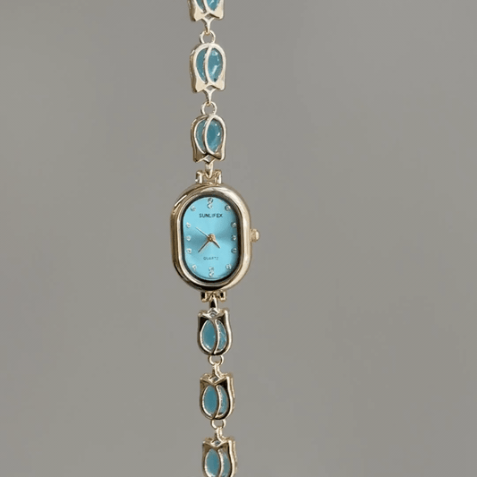Vintage Petite Gold Oval Watch with Aqua Blue Dial & Tulip Chain Bracelet