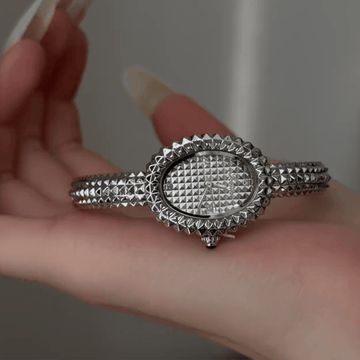 Silver Geometric Women's Watch – Vintage Oval Dial Statement Bracelet Watch