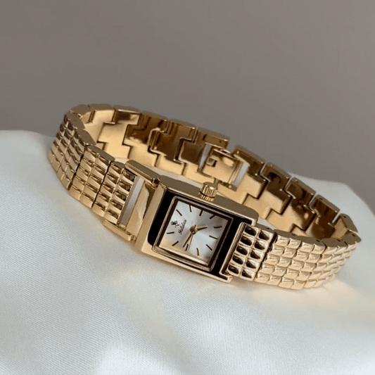 Vintage Petite Gold Square Tank Watch with Gold Dial & Five-Link Bracelet