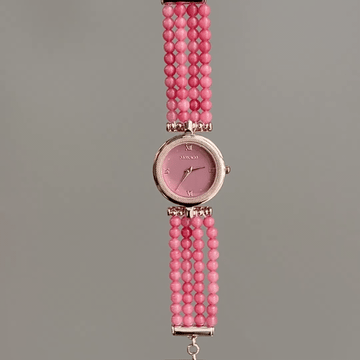 Vintage Petite Gold Round Watch with Dusty Pink Dial & Multi-Strand Beaded Bracelet