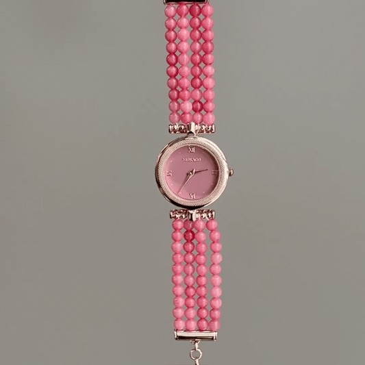 Vintage Petite Gold Round Watch with Dusty Pink Dial & Multi-Strand Beaded Bracelet