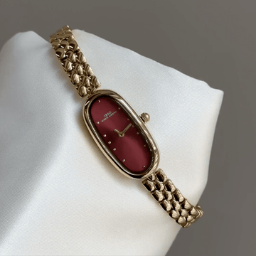 Petite Oval Gold Bracelet Watch with Burgundy Wine Red Dial