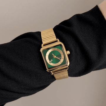 Versatile Luxury: Green Rectangular Dial Watch with Gold Bezel & Stainless Steel Bracelet