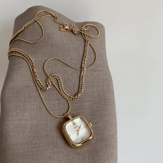 Vintage Square Pendant Watch Necklace for Women – Gold Case White Dial Double Layer Chain Jewelry Watch