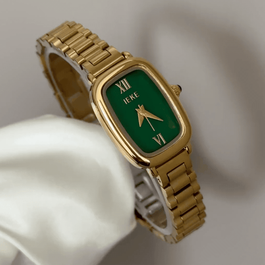 Natural Chic: Green Rectangular Dial Watch with Gold Rectangular Bezel & Gold Stainless Steel Bracelet