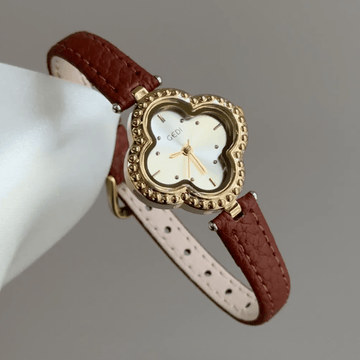 Vintage Petite Clover Gold Watch with Beaded Bezel & Brown Leather Strap