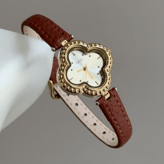 Vintage Petite Clover Gold Watch with Beaded Bezel & Brown Leather Strap