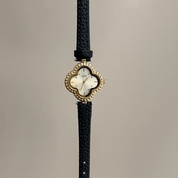 Vintage Petite Clover Gold Watch with Beaded Bezel & Black Leather Strap