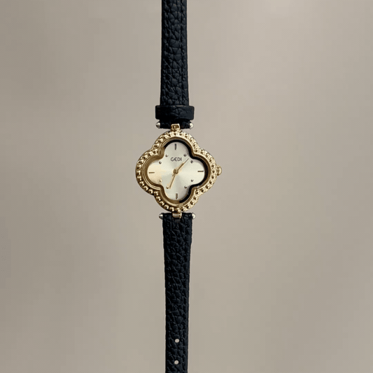 Vintage Petite Clover Gold Watch with Beaded Bezel & Black Leather Strap