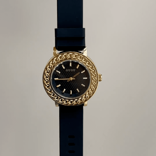 Gold Chain Bezel Watch with Black Textured Dial & Silicone Strap