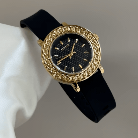 Gold Chain Bezel Watch with Black Textured Dial & Silicone Strap