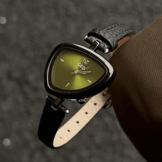 Modern Teardrop Green Dial Black Case Microfiber Leather Strap Geometric Watch
