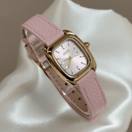 Elegant Pink Leather Strap Ladies Quartz Watch, Gold Case, Rectangular Pink Dial