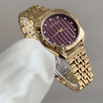 Vintage Gold Cushion Watch with Burgundy Striped Dial & Crystal Accents