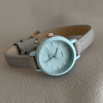 Women's Quartz Watch with Slim Gray Leather Strap & Blue Round Dial | Elegant Blue Case Dress Watch