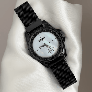 Minimalist Elegance: White Mother-of-Pearl Round Dial Watch with Black Bezel & Black Stainless Steel Bracelet