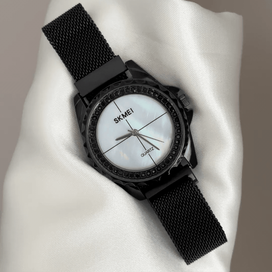 Minimalist Elegance: White Mother-of-Pearl Round Dial Watch with Black Bezel & Black Stainless Steel Bracelet
