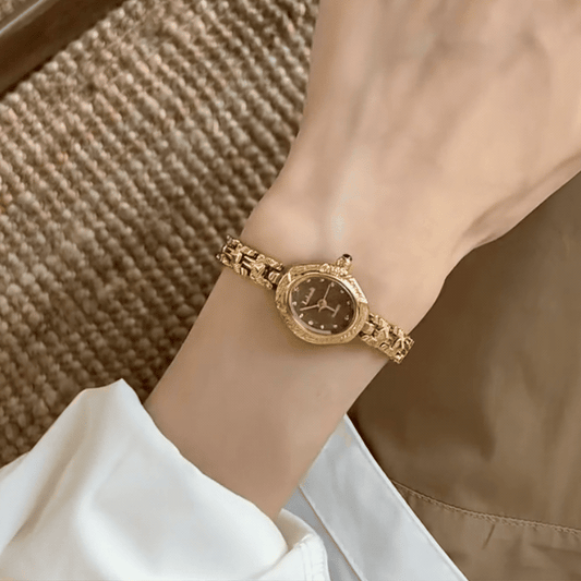 Vintage Petite Oval Gold Watch with Engraved Filigree Bezel & Chain Bracelet