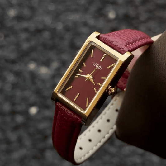 Rouge Rectangular - Gold Rectangular Watch with Red Leather Strap & Dial