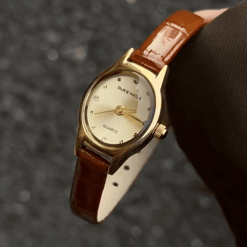 Vintage Petite Gold Oval Watch with Gold Dial & Brown Leather Strap