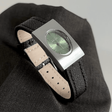 Vintage Rectangular Watch for Women – Green Oval Dial with Black Textured Leather Strap
