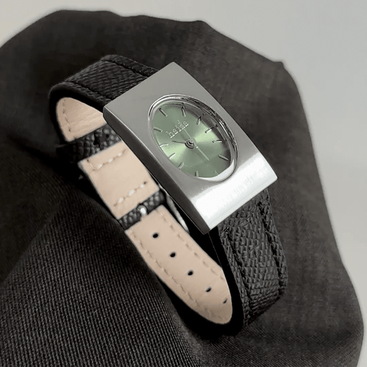 Vintage Rectangular Watch for Women – Green Oval Dial with Black Textured Leather Strap