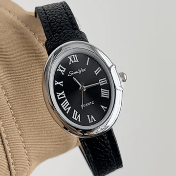 Vintage Silver Oval Watch with Black Roman Dial & Leather Strap
