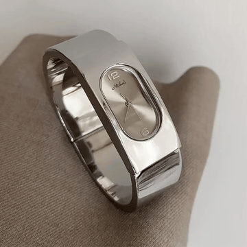 Modernist Silver Cuff Watch with Elongated Oval Dial