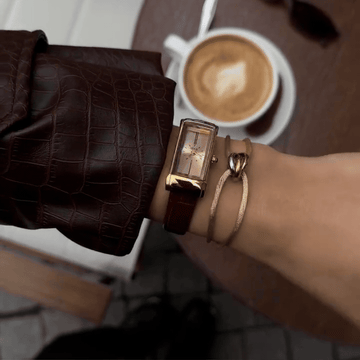 Vintage Petite Elongated Gold Tank Watch with Gold Dial & Croc Brown Leather Strap