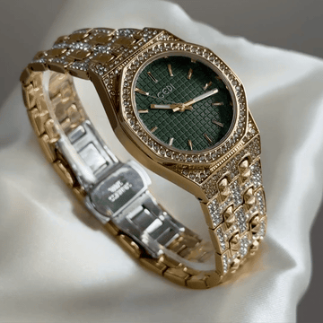 Bling Rhinestone Gold Wristwatch with Emerald Green Patterned Dial – Elegant Quartz Jewelry Watch for Women
