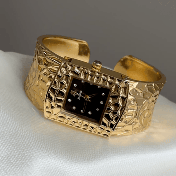 Textured Gold Wide Cuff Bangle Watch with Square Black Dial & Crystal Markers