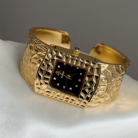Textured Gold Wide Cuff Bangle Watch with Square Black Dial & Crystal Markers