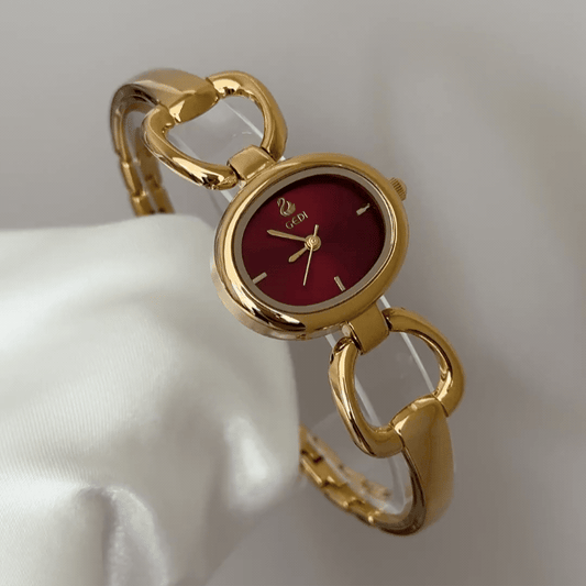 Passionate Retro: Red Oval Dial Watch with Gold Oval Bezel & Gold Alloy Bracelet