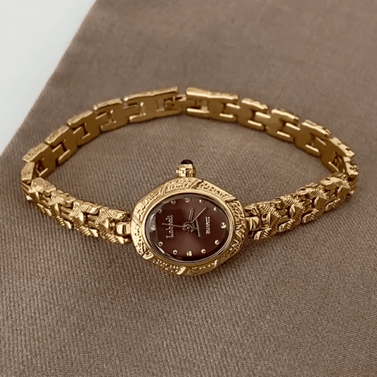 Vintage Petite Oval Gold Watch with Engraved Filigree Bezel & Chain Bracelet