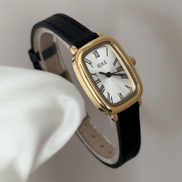 Understated Luxury: White Rectangular Dial Watch with Gold Rectangular Bezel & Black Genuine Leather Strap